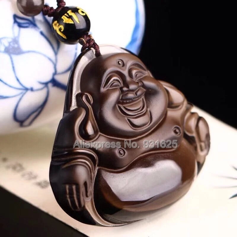 

Genuine Natural Ice Clear Obsidian Carved Laughing Buddha Lucky Blessing Pendant + Black Beads Necklace Certificate Jewelry