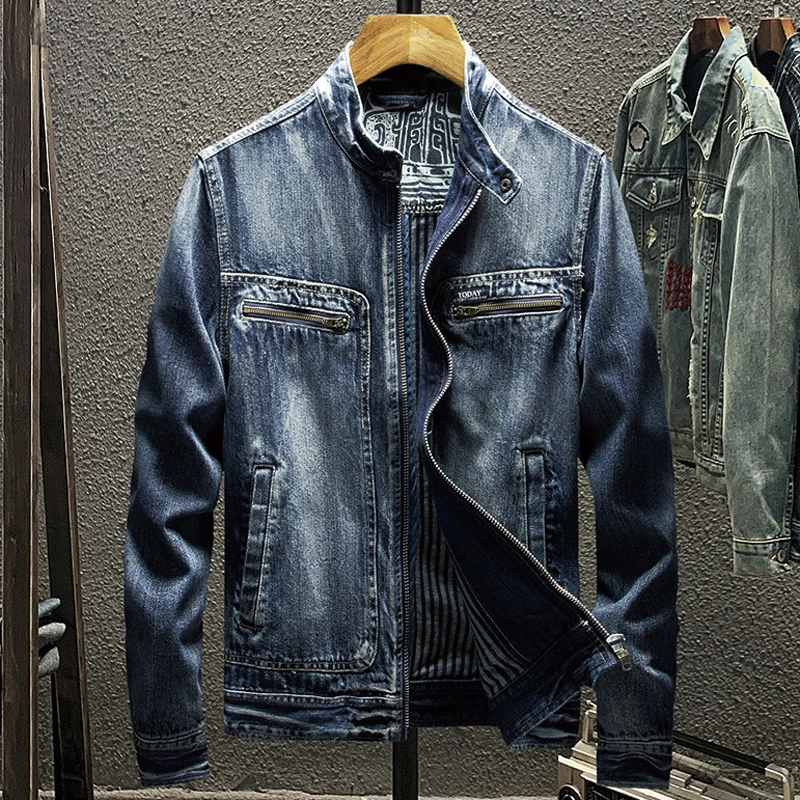 Куртка мужская джинсовая оверсайз в Корейском стиле Байкерская уличная одежда - Фото №1