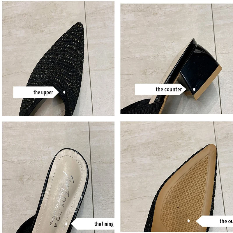 Women Slippers Pointed Toe High Heel Mules Shoes Summer Elastic Knitted Slippers Pumps Woman Fashion Elegant Party Shoes