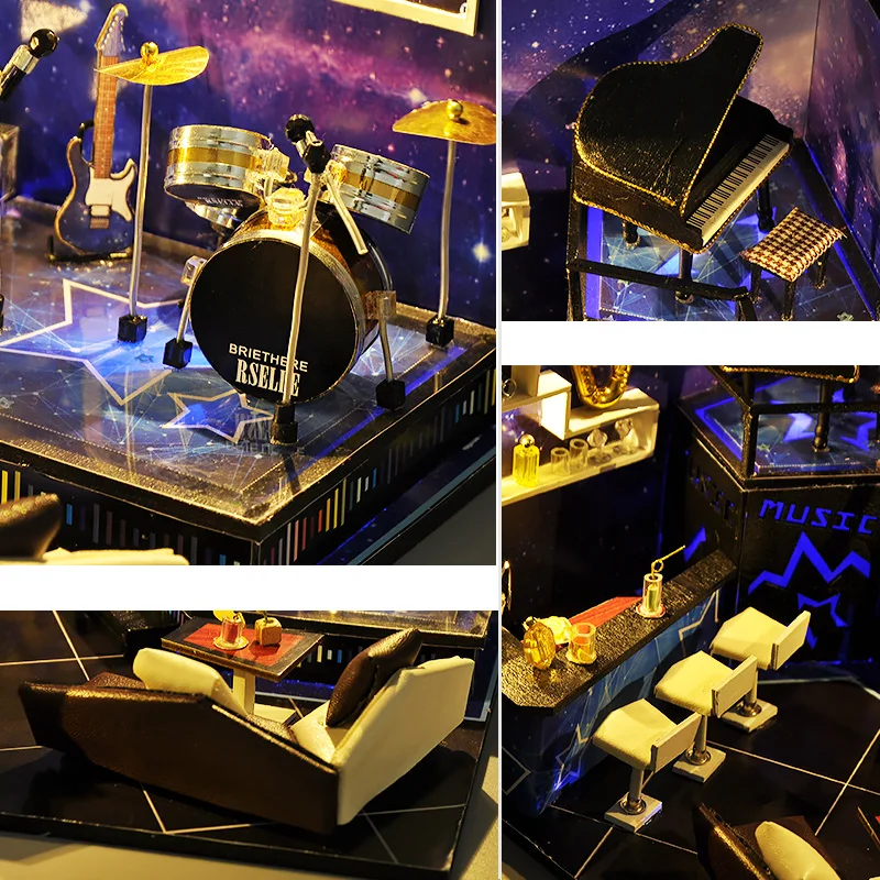 

Dream Music Bar DIY Wooden DollHouse Miniature with Furniture Wine Musical Instrument Assemble Casa Toy for Children Adult Gifts