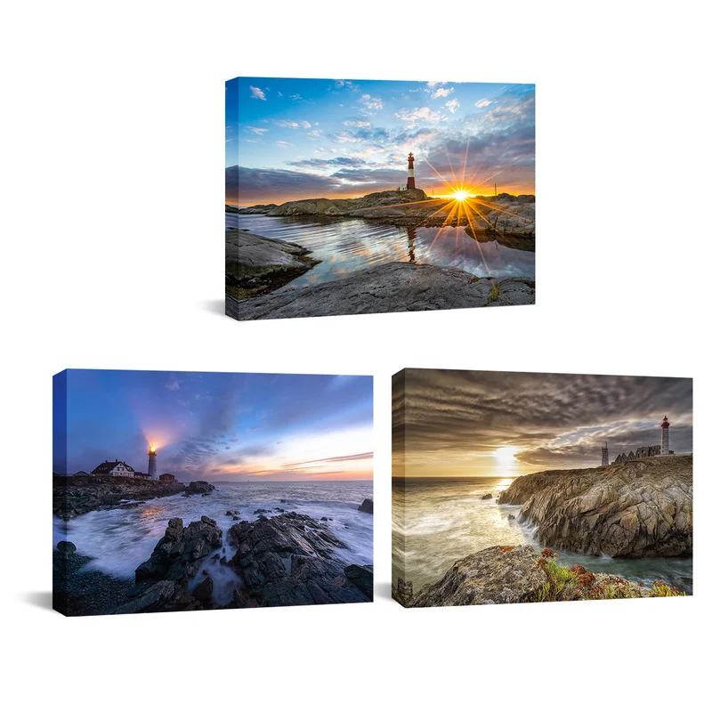 

3 Pieces Canvas Posters and Prints Bedroom Lighthouse At Sunset Print Home Decor Poster Framed Painting for Room Decoration