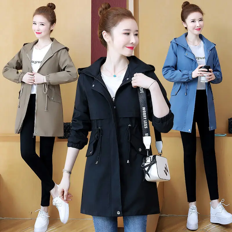 

Loose show thin waist 2021 hooded women windbreaker casual little new outfits Fashion Spring Fall coat