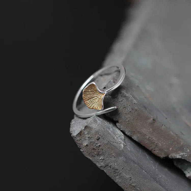 

S925 sterling silver Creative fashion golden ginkgo leaf open ring female natural style simple fashion leaf forest