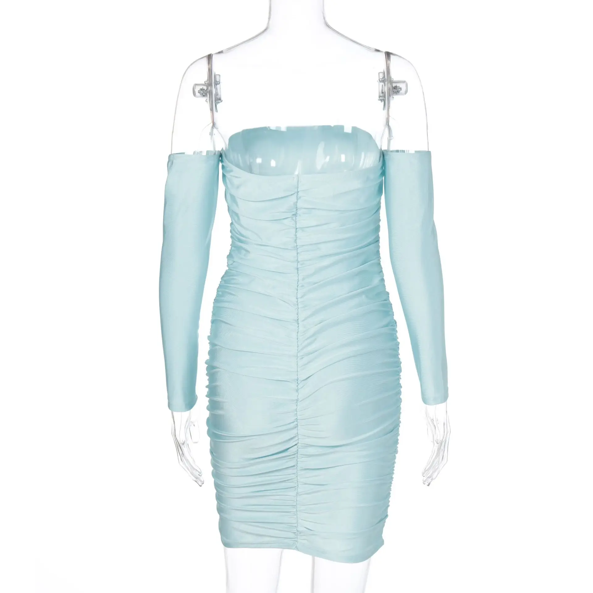 

Elegant Off Shoulder Ruched Dress Women Sexy Backless Long Sleeve Stacked Bodycon Mini Women Dress Vintage Party Club Dress Robe