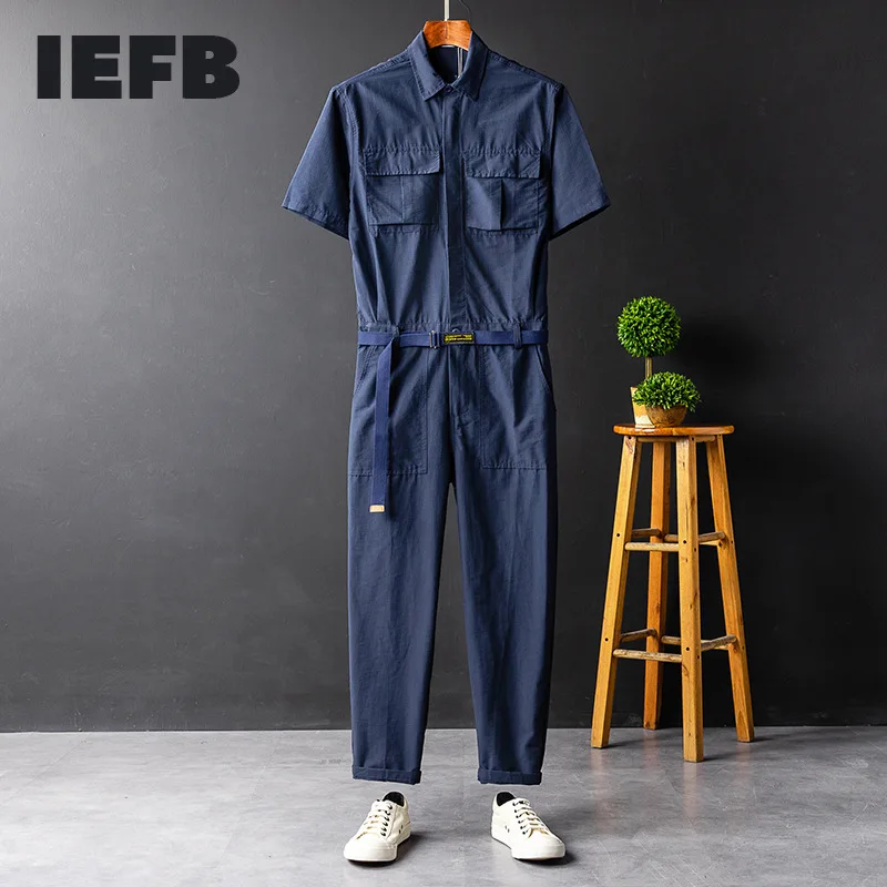

IEFB Summer Casual Short Sleeve Jumpsuit With Belt Men's And Women's Blue Yellow Work Clothes One-piece Single Breasted Trousers