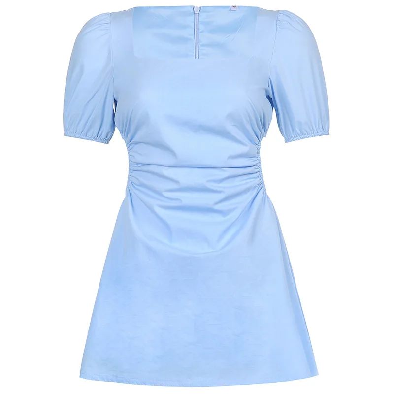 

Fresh and Sweet Women's Square Collar Bubble Sleeve Hollow Waist Short Sleeve Dress 2021 Summer New Style