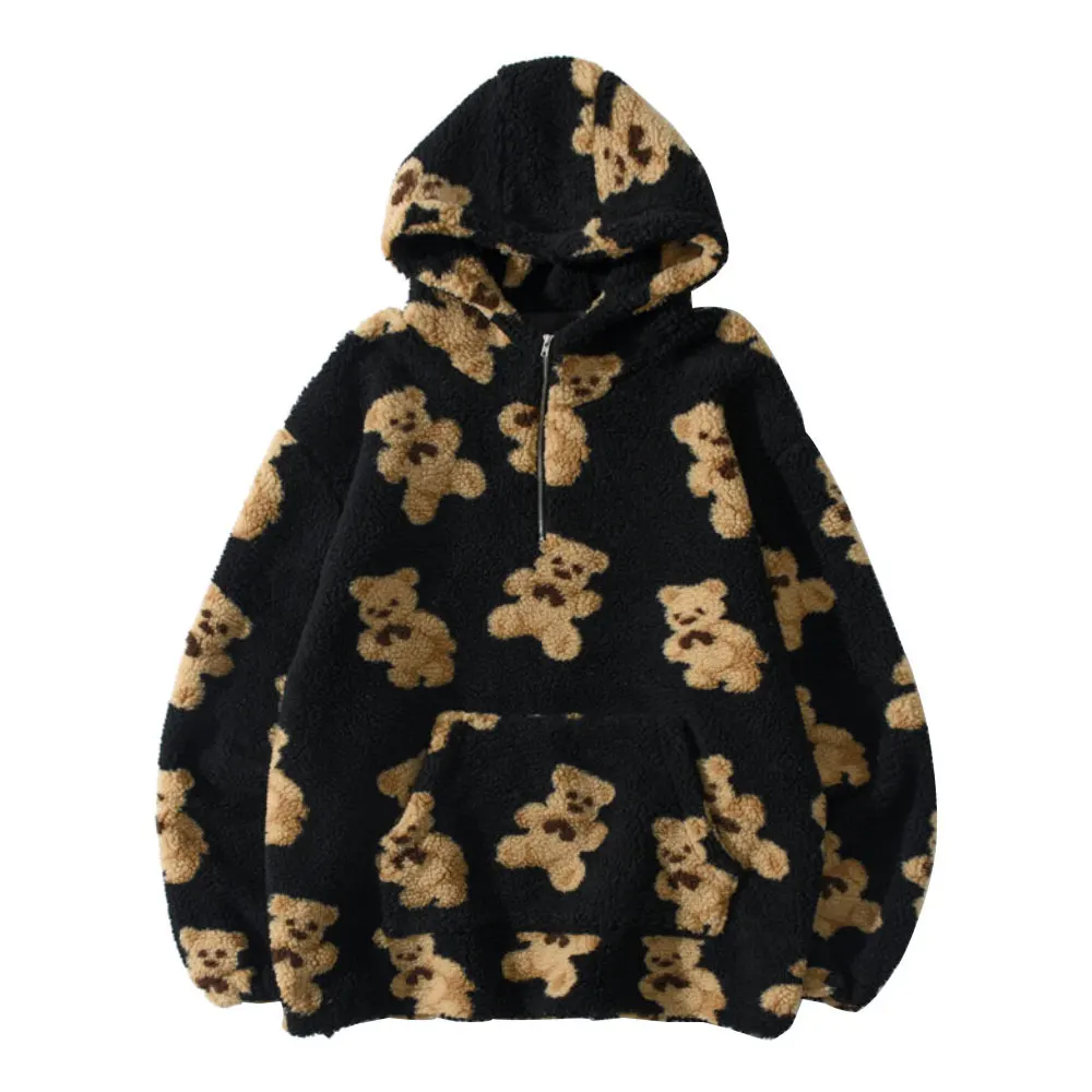 

Fleece Hooded Sweatshirts Bear Print Half Zipper Pullover Hoodies Tops Coats Outwear