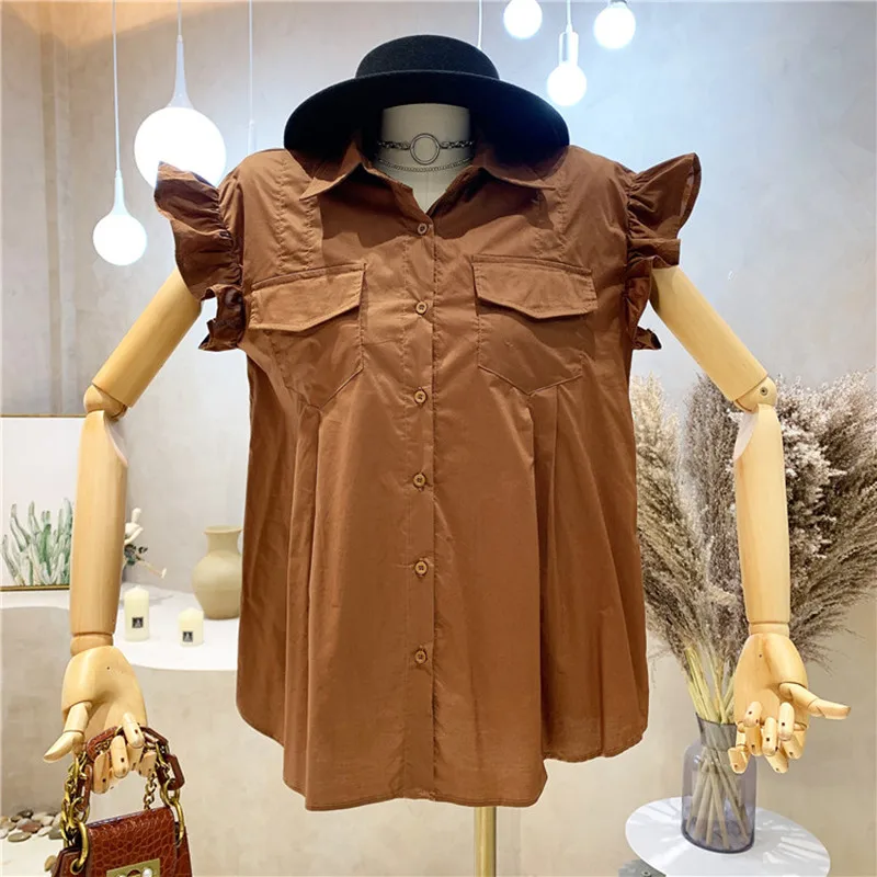

Niche Design New Women's Clothing Summer 2021 Fashion Slim Flying Sleeve Versatile Shirt Casual Pure Color Top