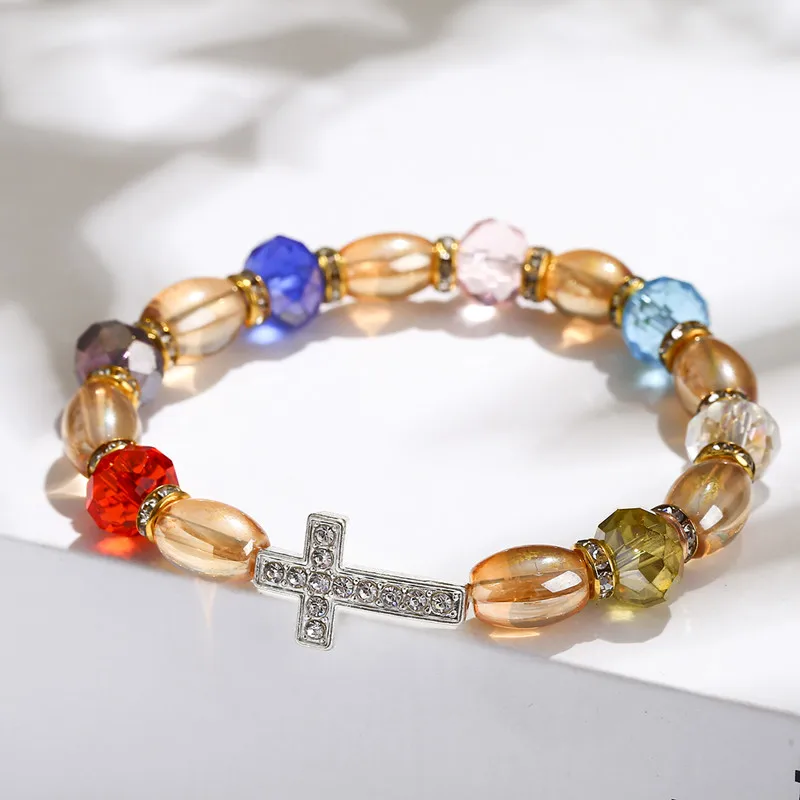 

HOCOLE Crystal love bracelet Charm Beaded Elastic Cross Bracelets femme designer bracelets for women luxury Christian Jewelry