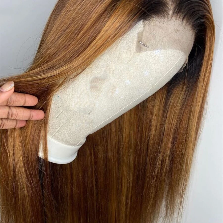 Шелковый прямой 13 × 4 парик из кружева Омбре медовый блонд цветной человеческих