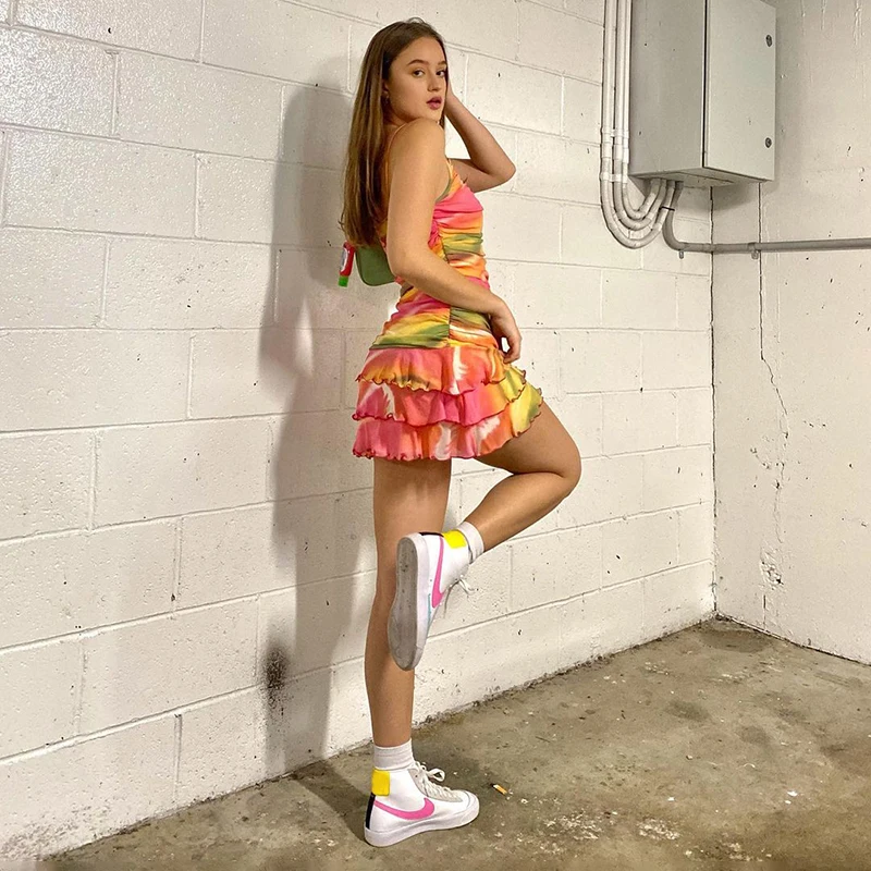 

Rockmore Tie-dye Print Mini Dress Women Sexy Bodycon Beach Party Dresses Summer Backless Y2K Ruffles Folds Short Sundress Retro
