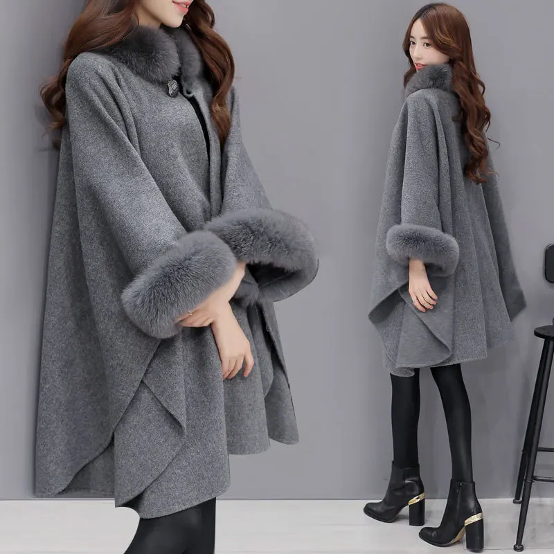 

SuperAen Autumn and Winter New Windbreaker Fur Turtleneck Long Solid Batwing Sleeve Cloak Shawl Woolen Coat