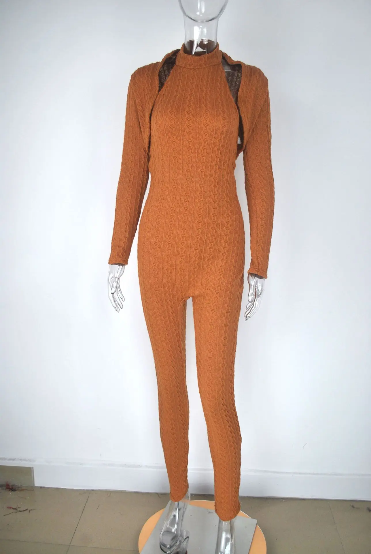 

Plus Size S-4XL Knitted Tracksuit Sexy Women Halter Backless Skinny Jumpsuit And Full Sleeve Open Stitch Coat 2 Pieces Set