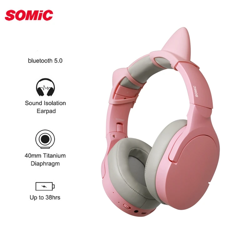 наушники беспроводные блютуз Somic SC2000BT игровые bluetooth розовая кошачья гарнитура Hi Fi