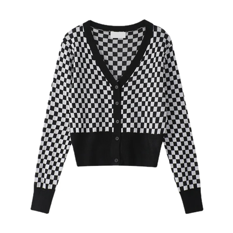 

Женский облегающий кардиган в клетку, черный вязаный Свободный кардиган в Корейском стиле, Осень-зима 2021