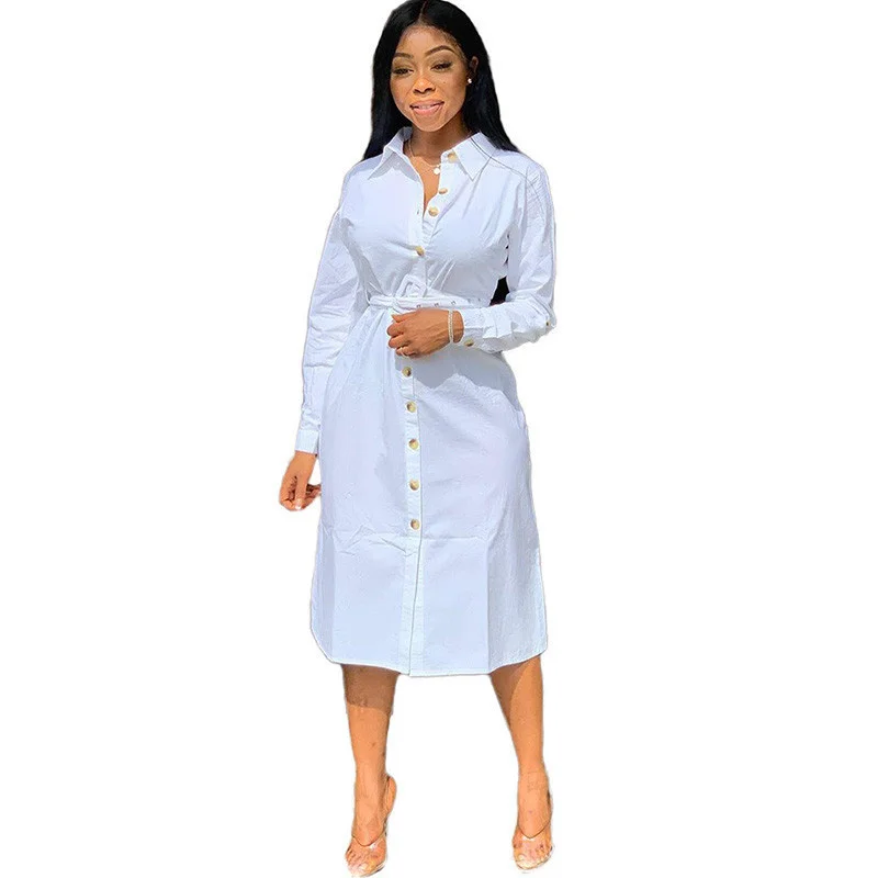 

2019 Autumn White Shirt Dress Women Button-up Knee-length Long Sleeve Shift Dress Office Lady Loose Casual Tunic Basic Dresses