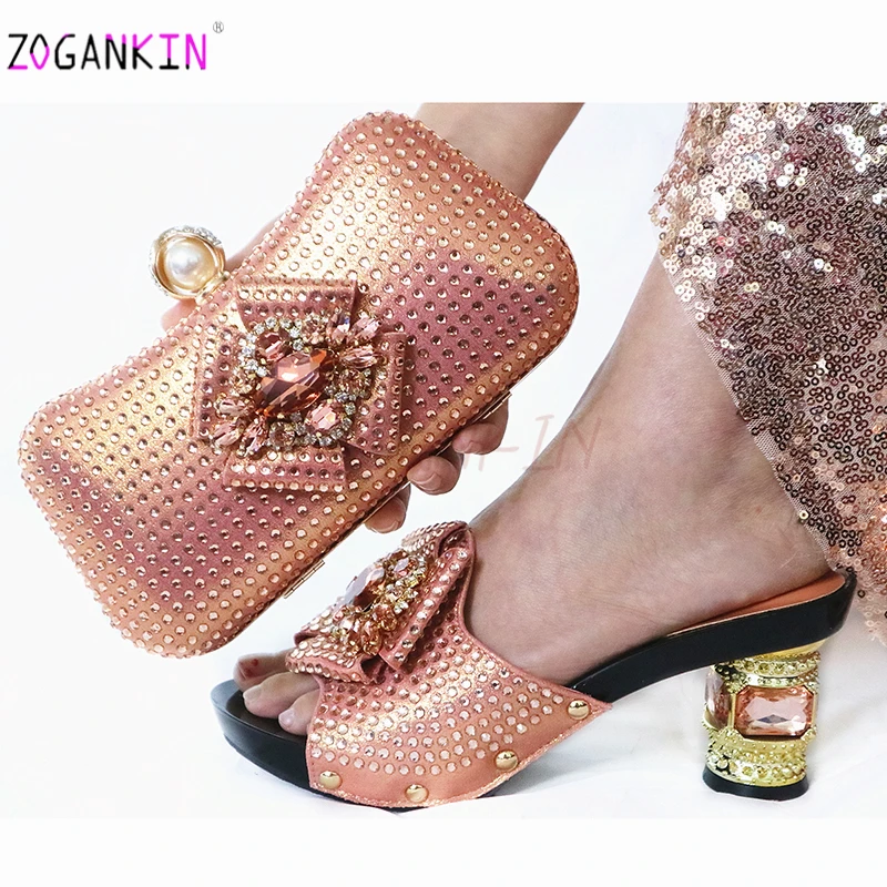 

Fashion Hot Selling Peach Color African Designer Shoes And Bag Set To Match Italian Party Shoes With Matching Bags Set