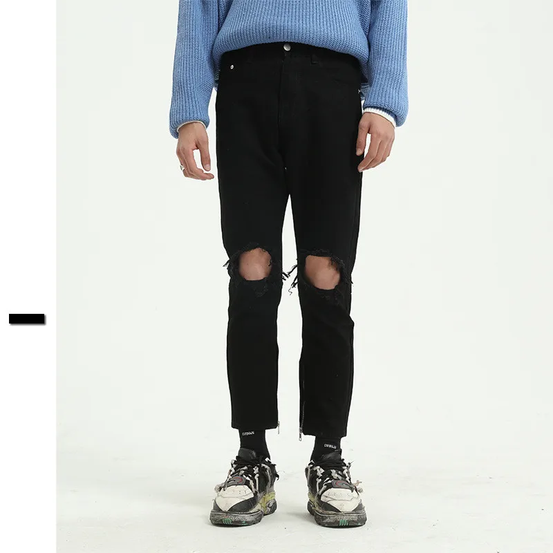 

Джинсы мужские облегающие, рваные брюки из денима, повседневные укороченные штаны в стиле хип-хоп, черные, большие размеры, весна-лето-осень
