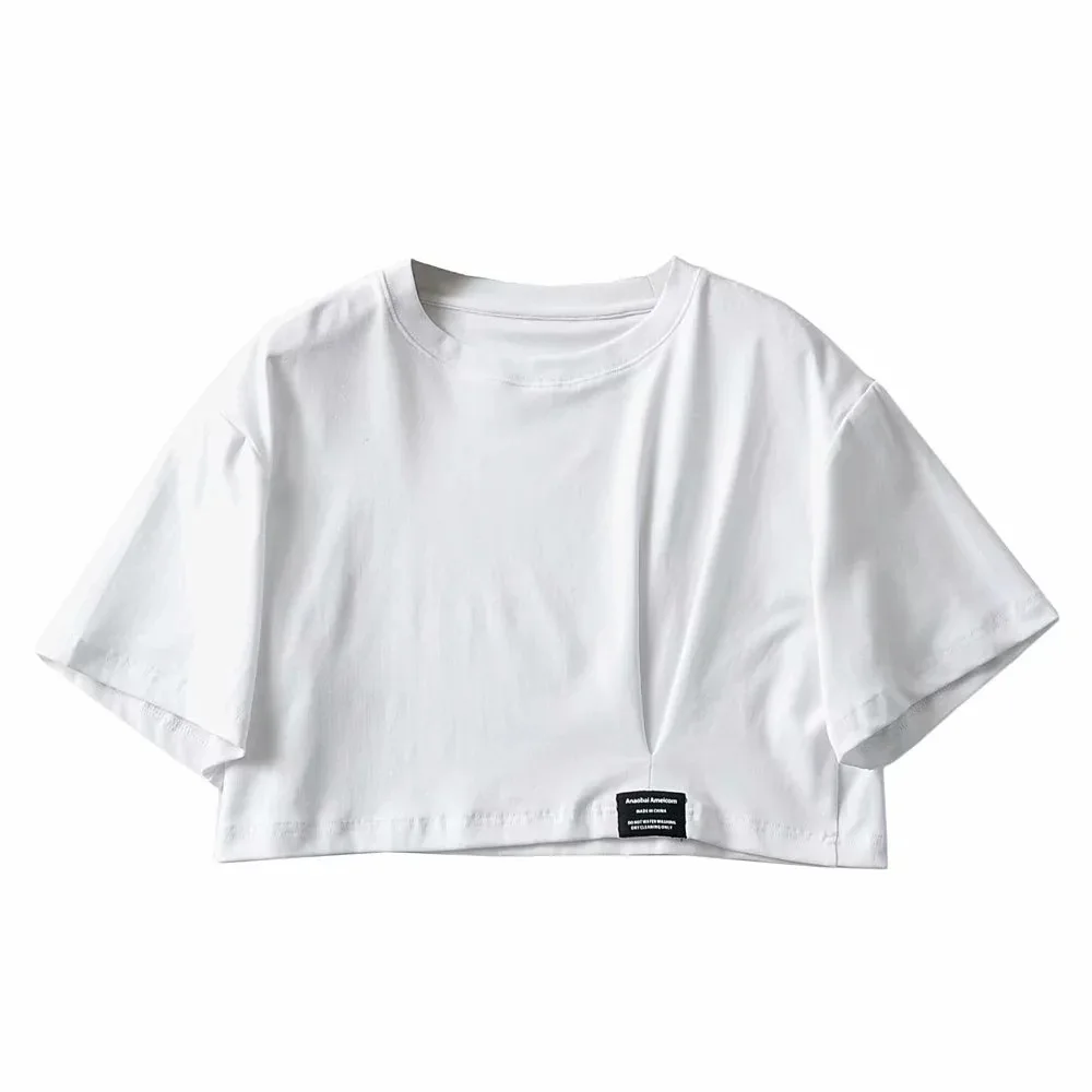 

WOMENGAGA Crew Neck Short Sleeve Open Navel Women T-shirt Summer Labeling Loose Casual Patchwork Hot Girl Tops J6TF