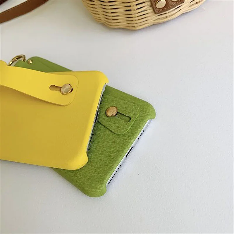 Solid Color PU Leather Phone Case for iPhone 6 6s 7 8 Plus X Xs XR Max Wrist Strap Hand Band Cover |