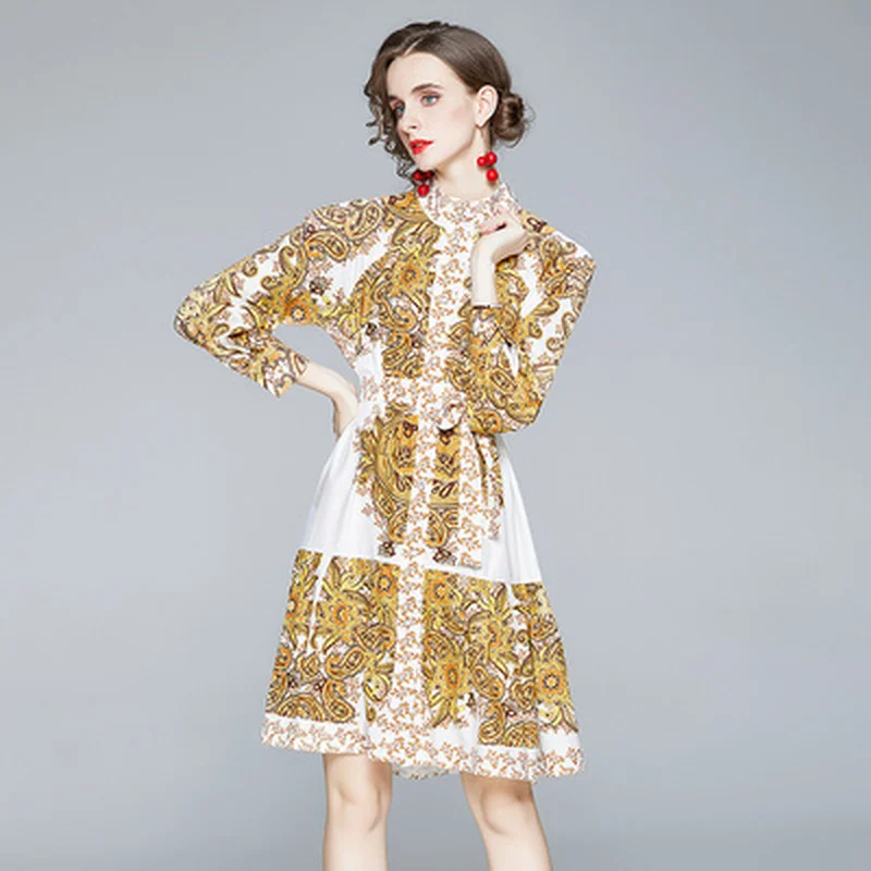 

Gold Loose Design Runway Dress Autumn Women Long Sleeve Stand Collar Vintage Print Dresses Plus Sized Sashes Elegant Slim Dress