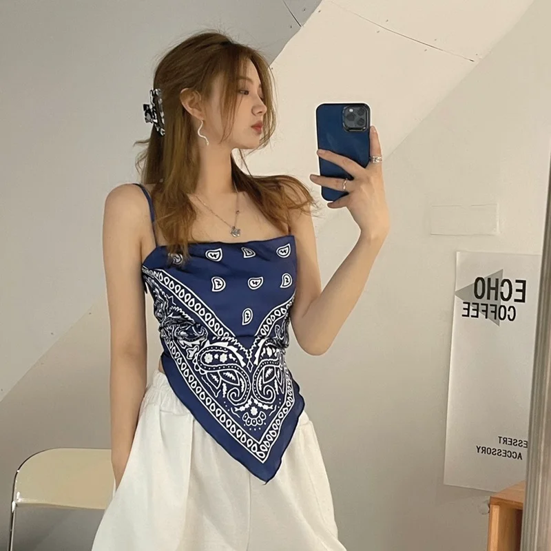 

Summer New Print Silk Scarf Sexy Sling Tees Spaghetti Strap Sleeveless Camis Backless Tank Top Women Clothes Bandage Ladies Tops