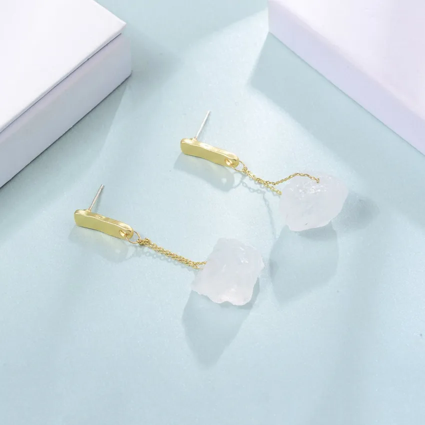 

FYJS Unique Light Yellow Gold Color Irregular Shape Rock Crystal Stud Earrings Link Chain Fashion Jewelry