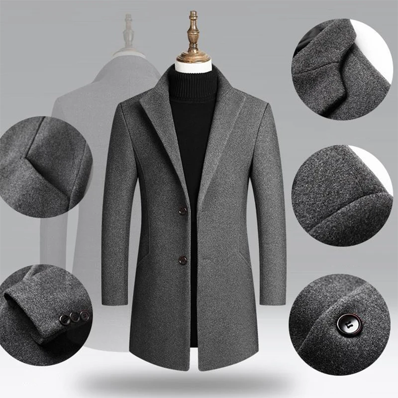 

2020 Winter 30% Wool Men Thick Coats Slim Fit Turn Down Collar Male Fashion Wool Blend Outerwear Jackets Casual Trench