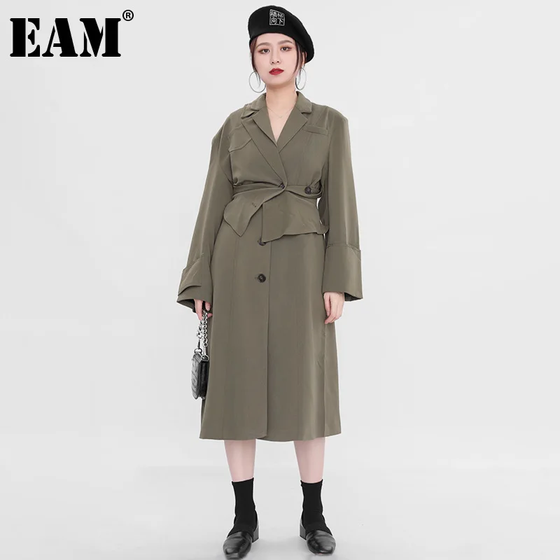

[EAM] Women Green Irregular Big Size Trench New Lapel Long Sleeve Loose Fit Windbreaker Fashion Spring Autumn 2022 1DE279506