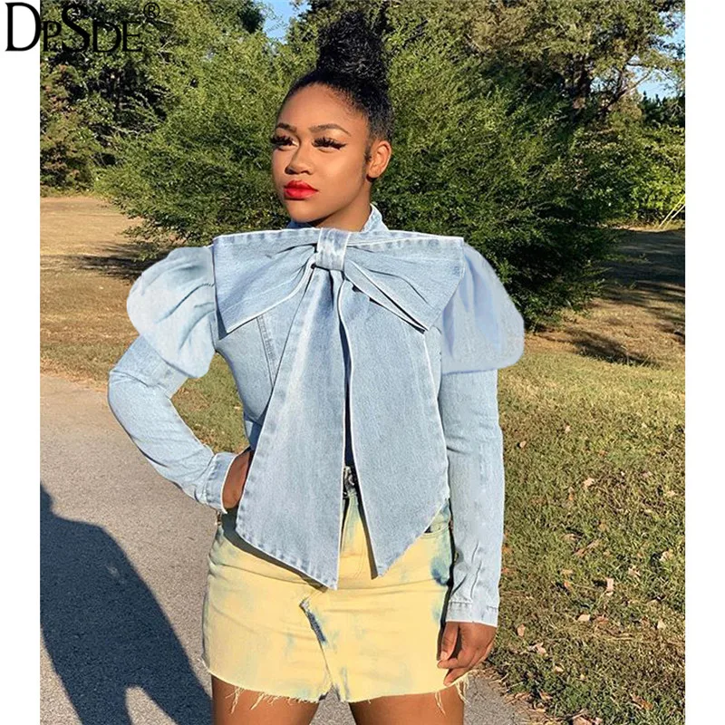 DPSDE Big Bowknot Casual Denim Top Full Bubble Sleeve Streetwear Short Light Blue 2020 Autumm Show Thin Age Reduction | Женская одежда