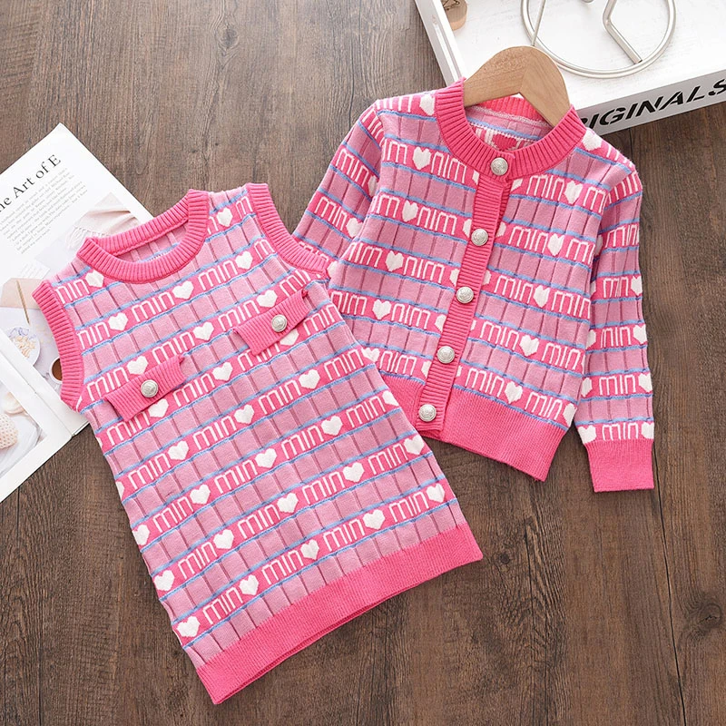 

Children Pink Princess Clothing Sets Fashion Autumn Winter Kids Cardigan And Sleeveless Dress Outfits 2Pcs Girls Party Costumes