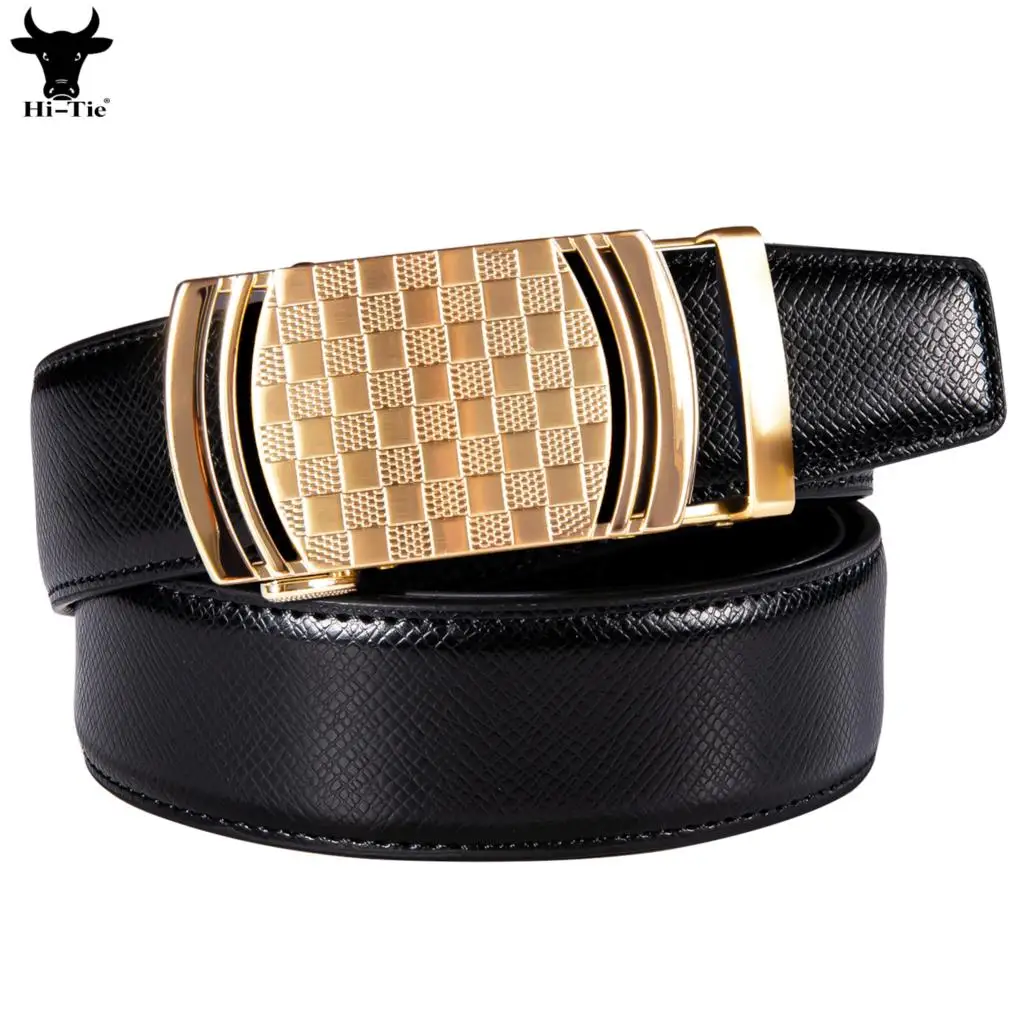 Hi-Tie Black Genuine Leather Mens Belts Gold Automatic Buckles Ratchet Waistband Belt for Men Jeans Dress Wedding Business Gift