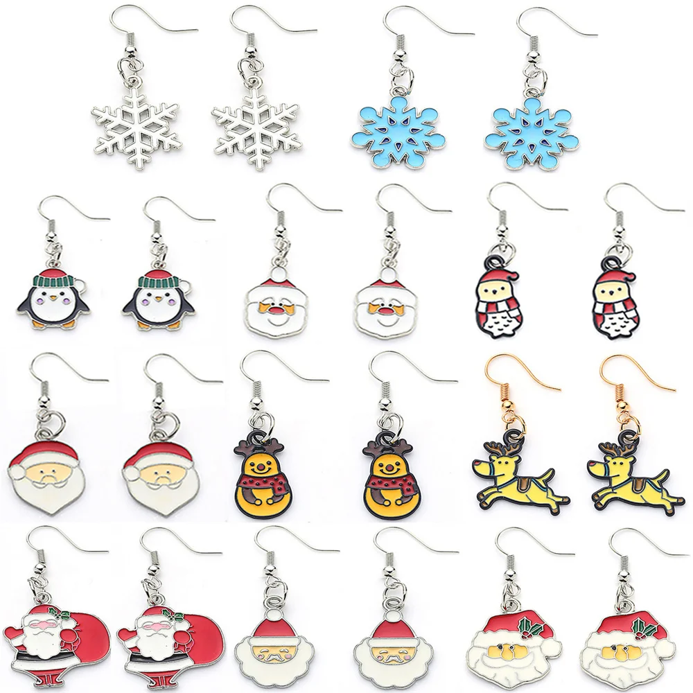 

New 1 Pair Christmas Alloy Earrings Dripping Oil Christmas Santa Claus Snowman Elk Penguin Women Earrings Jewelry Accessories