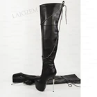 Женские сапоги выше колена, на шпильке, из кожи и синтетики