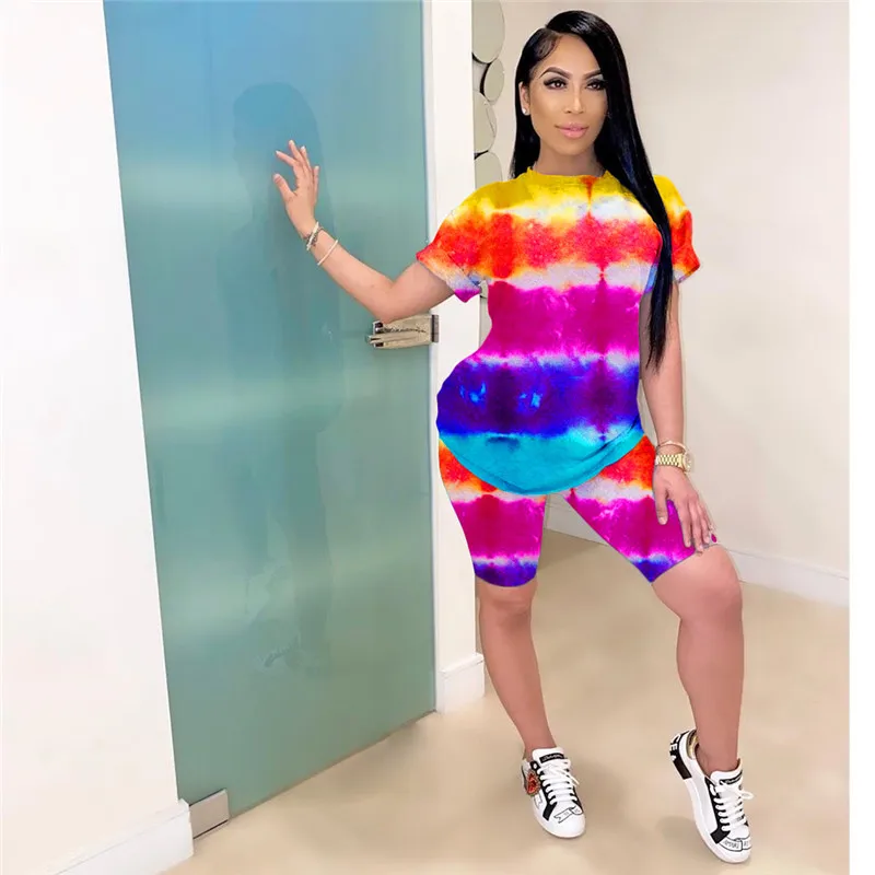 

Tie-Dyeing Print Outfits Women O Neck Short Sleeve Two Piece Set Slim Set Women Tracksuit T-shirt Top Training Suits Streetwear