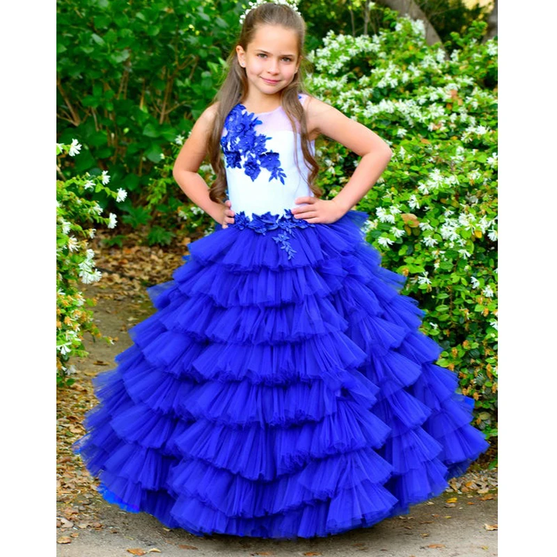 

Tiered Lovely Colorful Blue Princess Flower Girl Dresses Birthday Corset Back Pageant Communion Robe De Demoiselle Baby Party