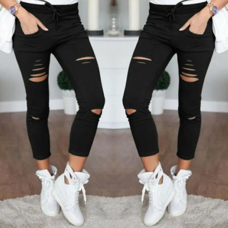 

WOMEN HIGH WAISTED STRETCHY Ripped pencil pants Women Solid Fashion Hole Jeans