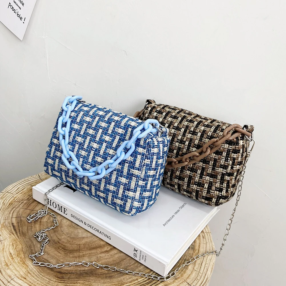 

New Fashion Plaid Pattern Coarse Square Women Shoulder Messenger Bags Casual Ladies Acrylic Chain Small Flap Crossbody Handbags