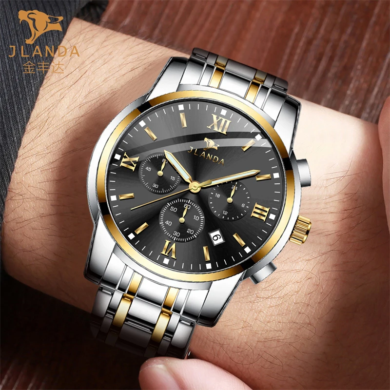 

JLANDA Luxury Men's Stainless Steel Quartz Watch Relogio Masculino Calendar Multi-function Three-eye Men's Watches Atmospheric