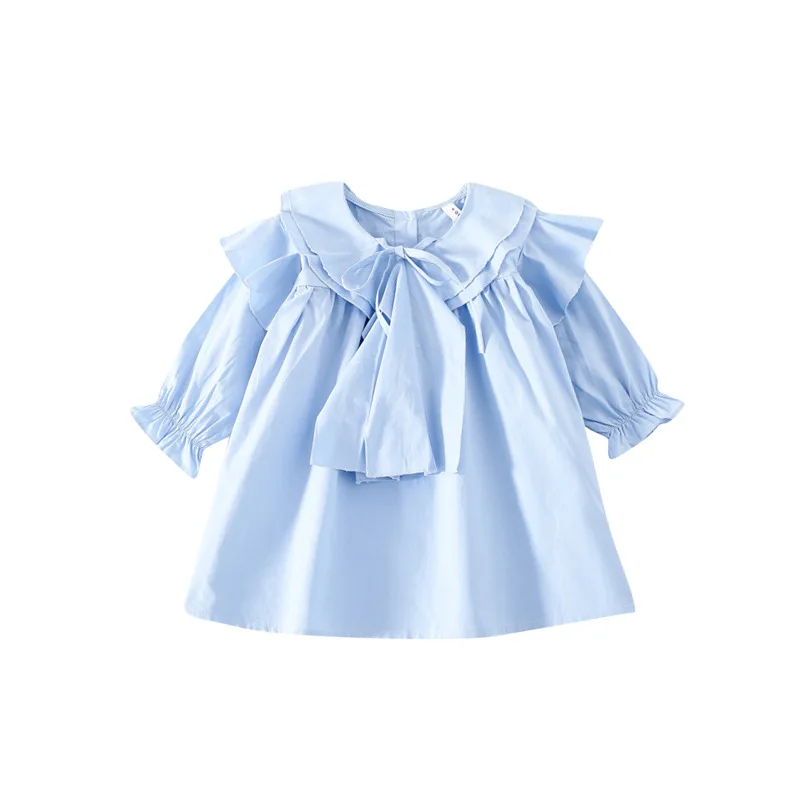

Girls Long-Sleeved Cotton Dress Spring Autumn Children's Sweet Loose V-neck ruffled Doll Collar Shirt Dress