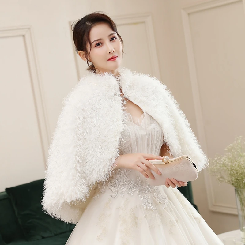 

Winter Wedding Fluffy Plush Shrug Shawl Wrap Faux Pearl Beading Warm Stole Cape N58F