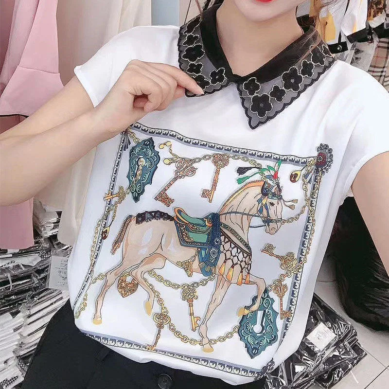 

Women Spring Summer Style Chiffon Blouses Shirts Lady Casual Short Sleeve Peter Pan Collar Printed Chiffon Blusas Tops DD8837