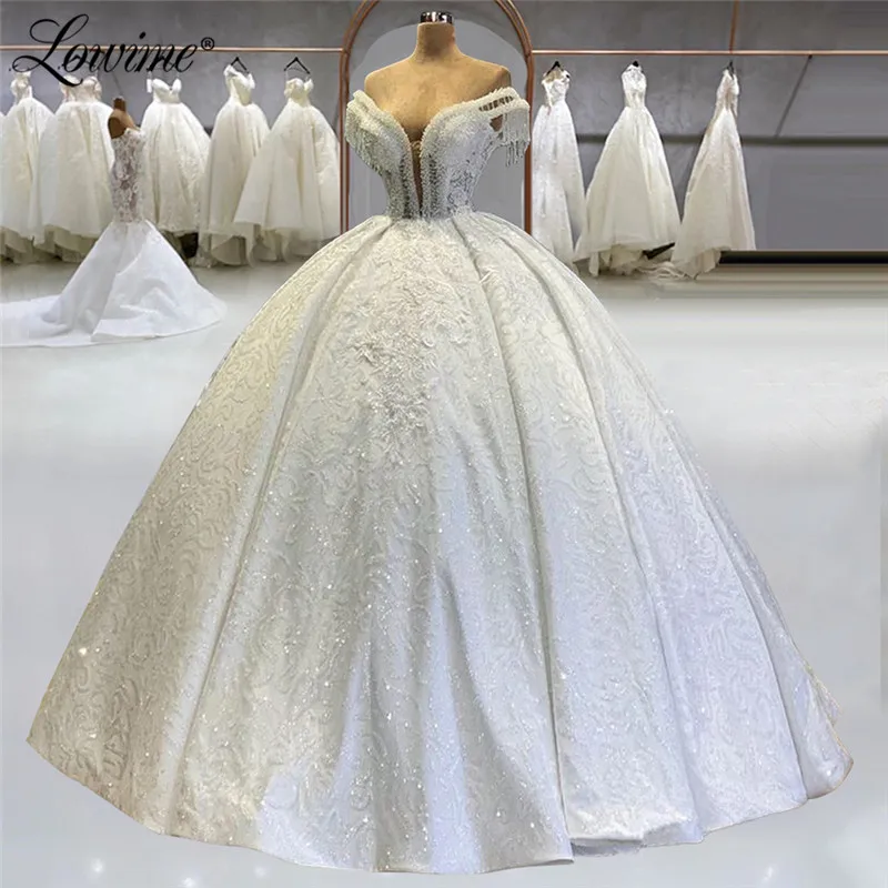 

2021 New Design Luxury Ball Gown Beading White Wedding Dress Beaded Lace Glitter Bridal Gowns Vestido De Noiva Bride Dresses