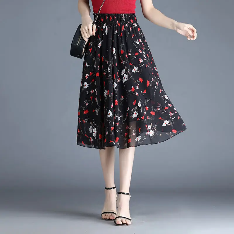 

Chiffon Elastic Waist mid length printed skirt for women 2021 summer new high waist swing skirt versatile Fairy Dress