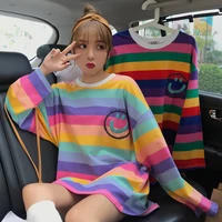 korean style autumn big size t shirt for female ulzzang cute rainbow stripes t shirts fashion loose women tops o neck tee shirt