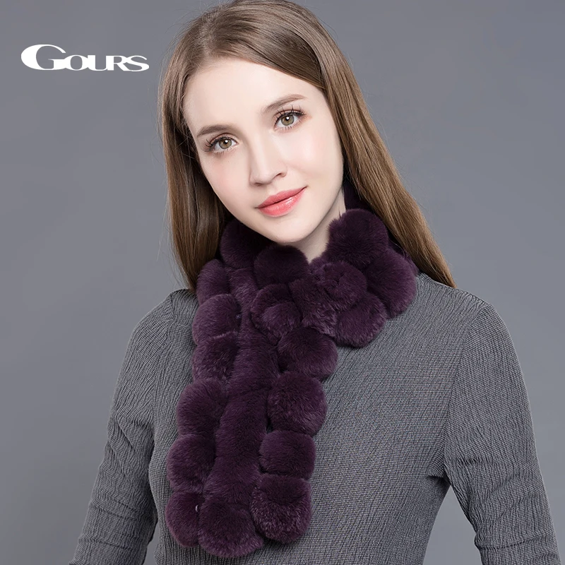 

Gours Women's Real Fur Scarf High Quality Luxury Big Rex Rabbit Fur Scarves Fashion Brand Thick Warm Winter New Arrival GLWJ003