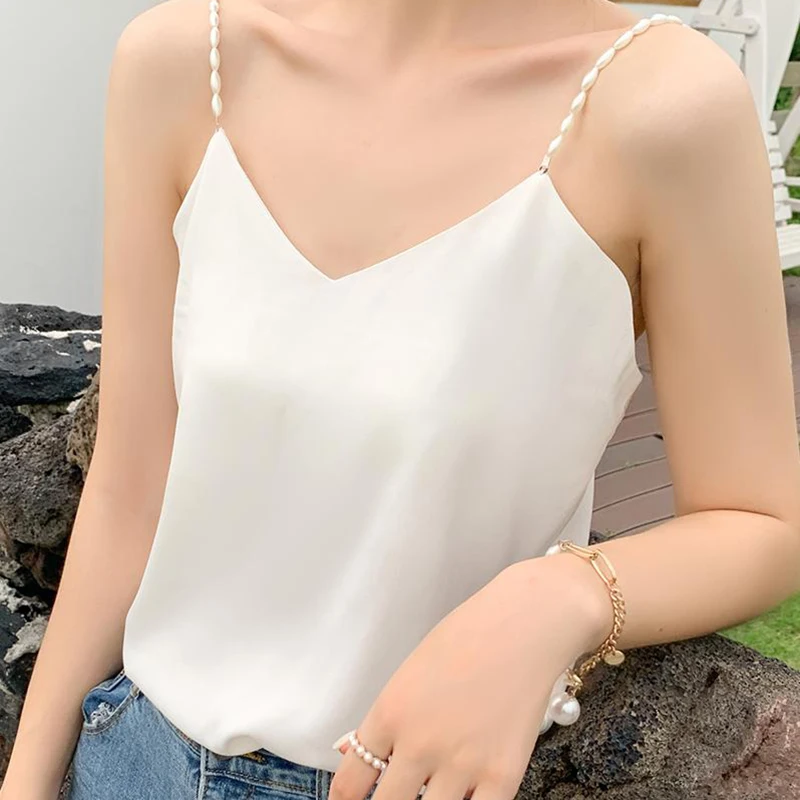 

2021 Summer Women's Tank Satin Top Fashion Vintage Korean White Solid Sleeveless V Neck Cropped Tops Loose Vest Woman Clothes