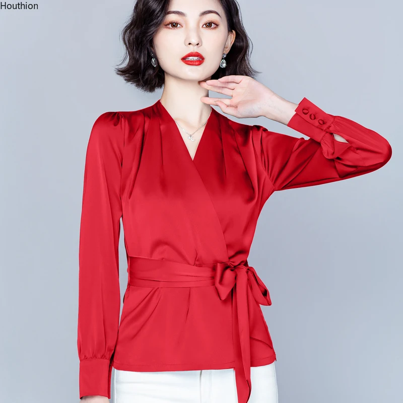 

Houthion New Long-sleeved Blouse Comfortable Fashion Blouses V-neck Korean Bow Satin Leisure Tops Summer Girl Lady Blusas