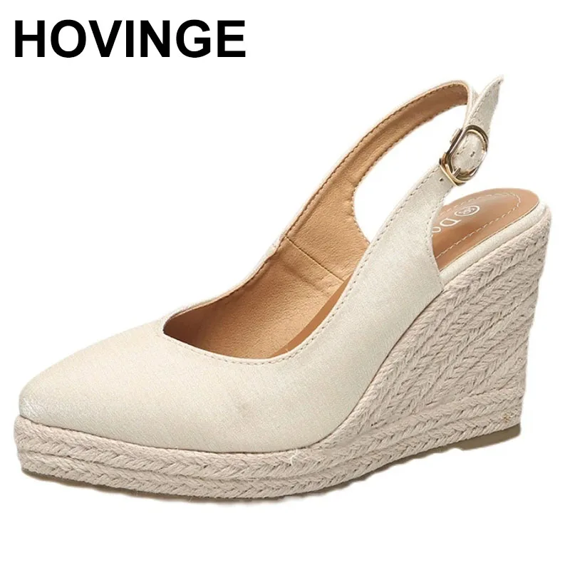 

HOVINGE High Heel Buckle Wedge Shoes2021Newest Breathable Women Sandals Female Pointed Toe Slippers High-heeled EspadrillesStraw