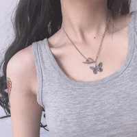 lats silver color titanium steel vintage butterfly necklaces for women girly clavicle chain retro punk necklace 2021 jewelry
